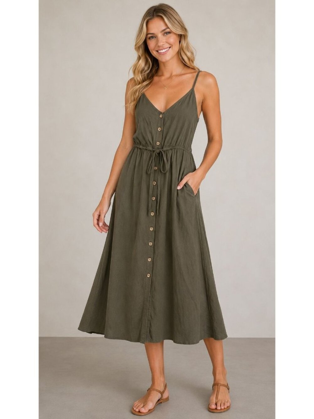 Mimi Chica Midi Dress Olive Green Button Front Tie Waist Sundress M